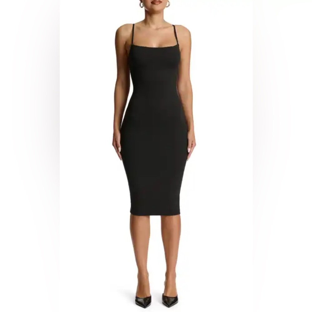 Fitted Ribbed Midi Maxi Black Dress with Slit in Back  Size L